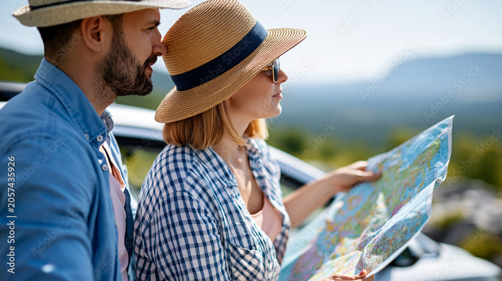 Fototapeta premium Anonymous traveler couple using a map near their car over a beautiful landscape on a road trip, navigation and travel adventure concept, faceless, defocused, with copy space