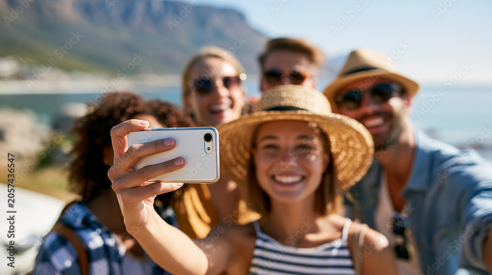 Fototapeta premium Anonymous friends taking a phone selfie on a road trip or nature safari in Africa, mobile photography and summer vacation adventure concept, faceless, defocused, with copy space