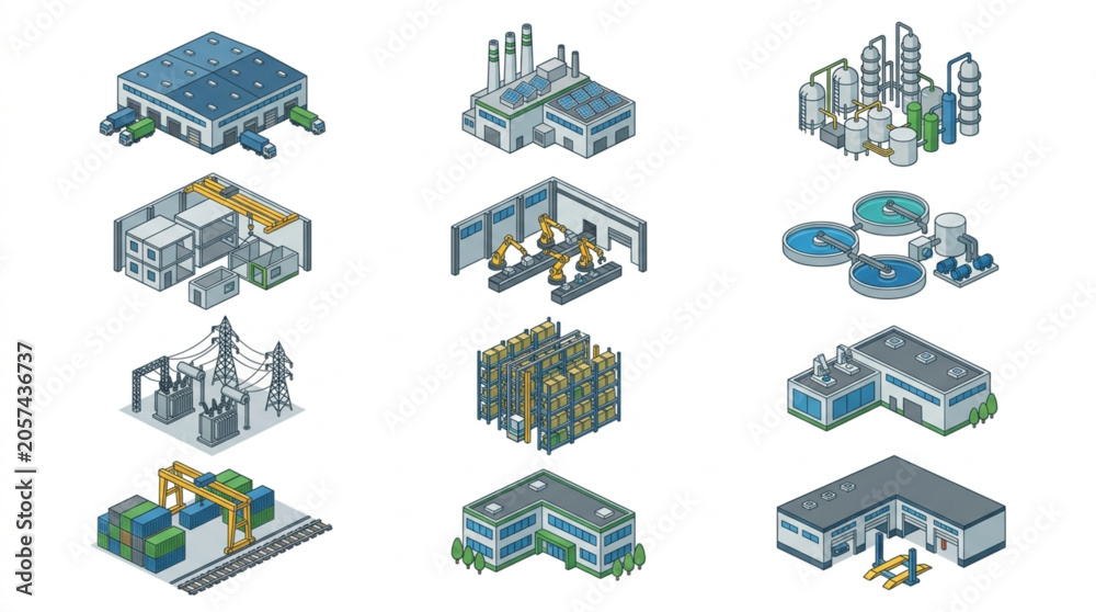 Fototapeta premium Isometric illustrations of various industrial facilities.