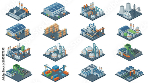 Isometric industrial buildings and facilities set.