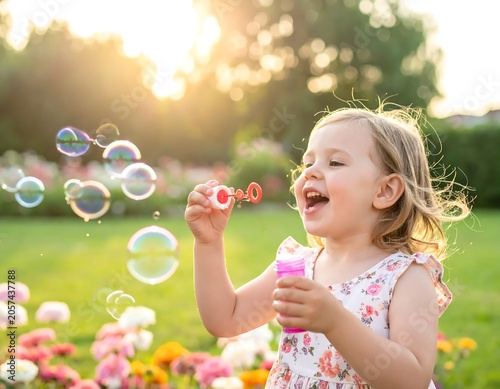 Young girl with bubble wand outdoors in garden.