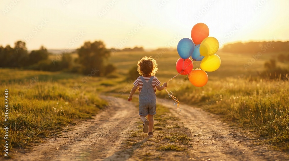 Fototapeta premium Little child walking on a countryside path holding colorful balloons at sunset, symbolizing freedom, innocence and joyful childhood adventure.