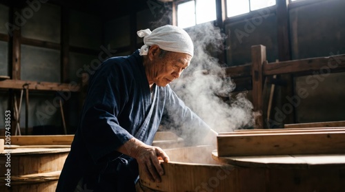 Japanese master brewer inspecting steaming vat in traditional brewery