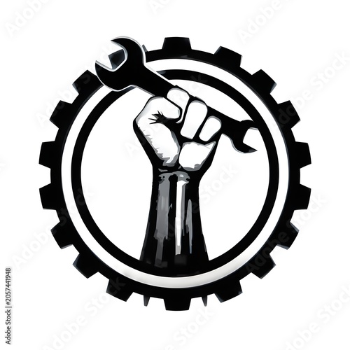Fist holding wrench in gear adobe stock symbol for workers and industry