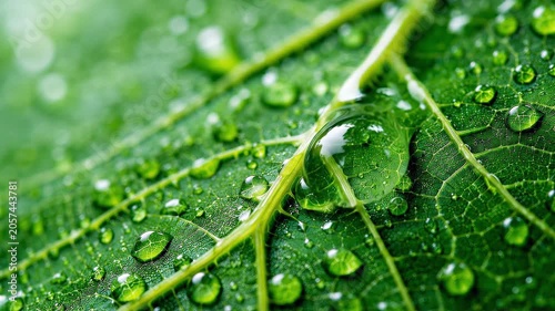Extreme close-up of a large water drop rolling down the central vein of a vibrant green leaf. Macro footage of morning dew and intricate plant textures