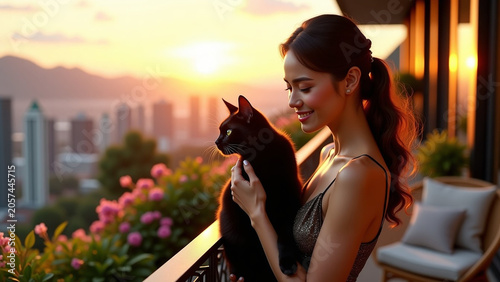 Cat with shimmering fur iteration on a luxurious balcony overlooking a breathtaking cityscape at sunset