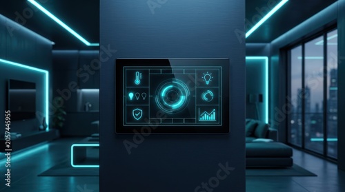 Smart home control panel displaying digital interface in modern interior