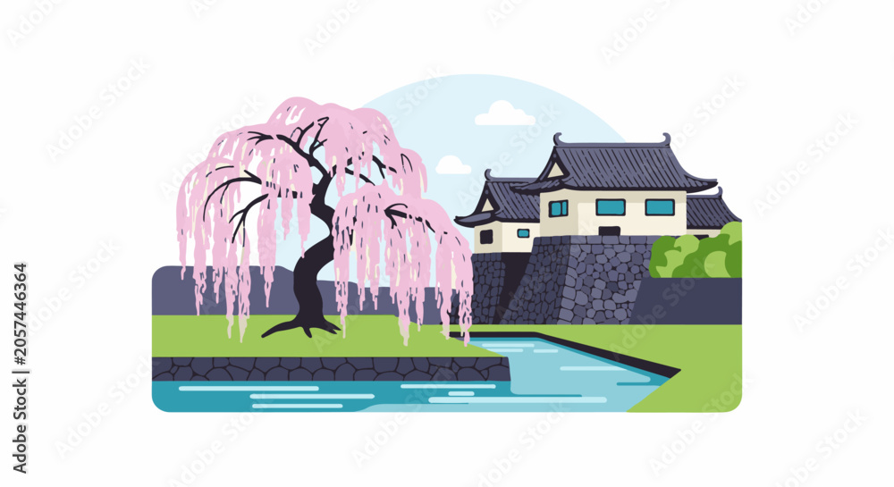 Fototapeta premium A weeping cherry tree stands beside a stone castle with a moat