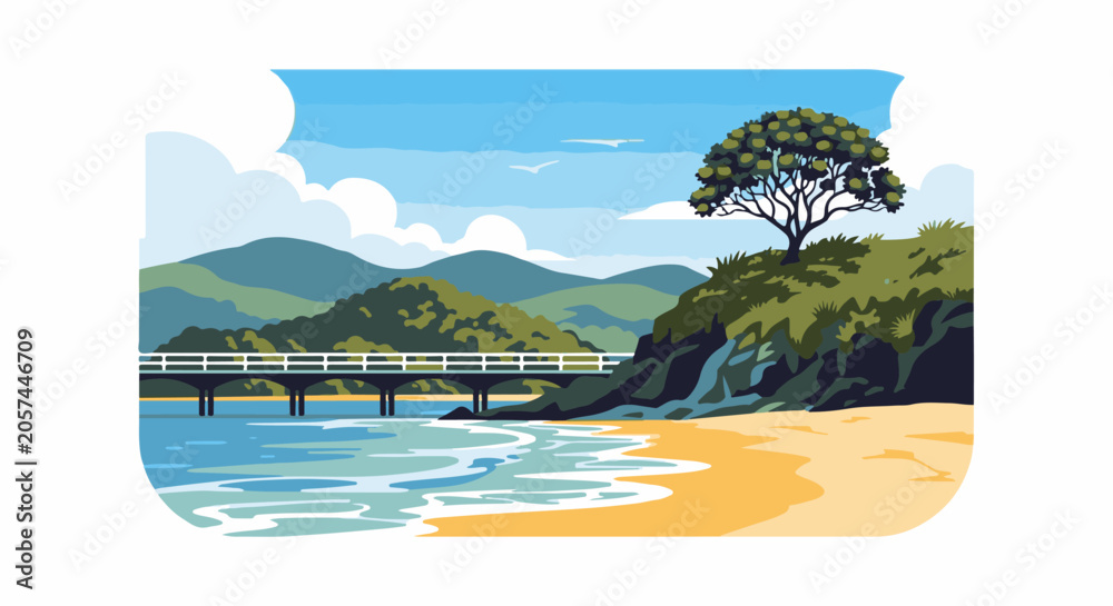 Obraz premium A picturesque coastal scene featuring a bridge over calm blue water, leading to a sandy beach and lush green hills