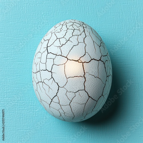 A beautifully cracked egg sits gently on a calming blue surface glowing softly