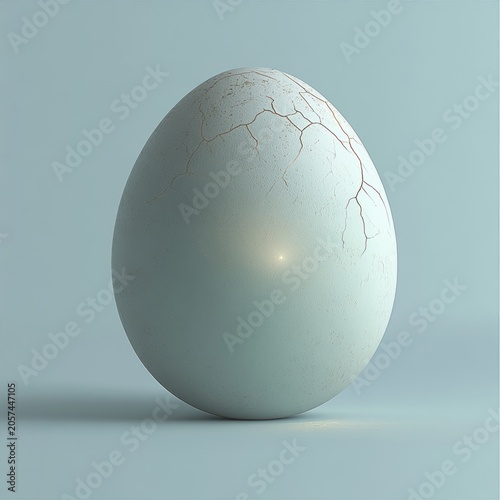 A pale egg with subtle cracks stands upright catching gentle light in a serene setting