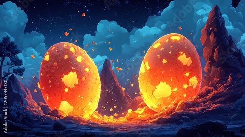 Glowing cracked eggs reveal secrets at night as stars twinkle above rugged mountains