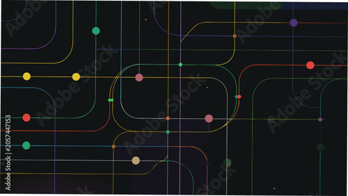 Obraz na plátně Colorful curving lines and circular dots pattern against a black background abst