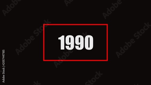 1990 number animation on black background. Old film style historical year loop. White 1962 number text with rectangle animation..