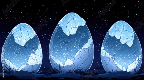 Three radiant eggs crack open revealing sparkling light against a deep blue night sky