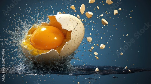 An egg cracks spilling a golden yolk and flying shell fragments making a splash