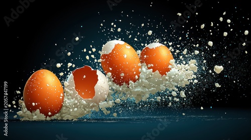 Bright orange eggs burst open sending a flurry of white particles swirling around them