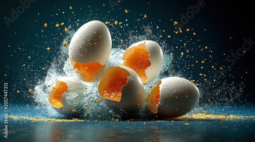 Cracked eggs splatter yolks and shells in a vibrant dynamic display