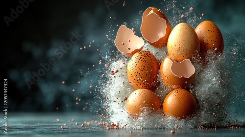 Golden eggs burst scattering shells and energizing the kitchen