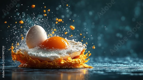 Bright yellow yolk bursts with excitement as it meets a fresh egg in dynamic culinary art