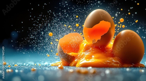 Golden yolks cascade from broken eggs creating a lively splash on a sleek kitchen table