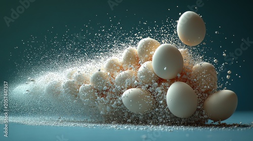 Eggs burst into a cloud of white powder creating a striking visual effect