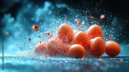 Colorful eggs explode scattering shards against a misty dynamic backdrop