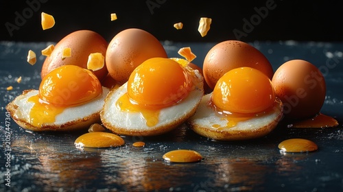 Golden yolks sit on crispy whites next to fresh brown eggs highlighting delights