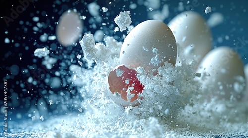 Bright red yolks burst forth from cracked shells surrounded by a flurry of white flakes