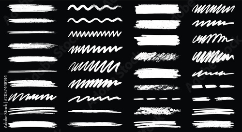 Tableau sur toile Hand drawn white chalk brush strokes on black background, set of 40 vector paint