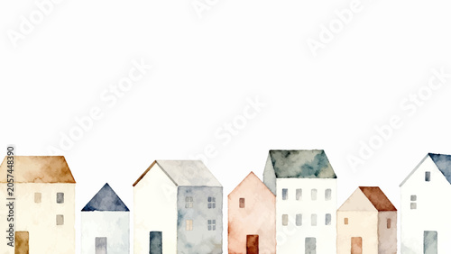 Watercolor style cityscape illustration, frame of simple houses painted on a white background
