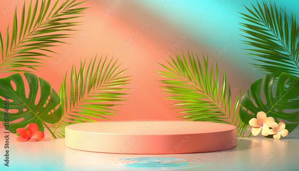 Fototapeta premium Blank Round Pedestal Platform Decorated with Tropical Leaves for Product Display Showcase