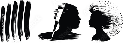 Fotografía Abstract black brush strokes and female face silhouettes isolated on white backg