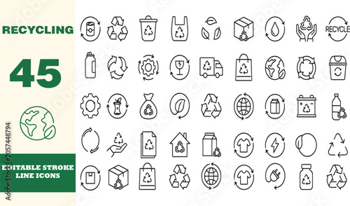 A collection of black line art icons representing recycling concepts, displayed on a white background. Icons depict bins, materials, and
