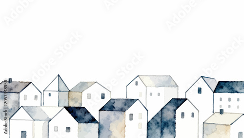 Watercolor style cityscape illustration, frame of simple houses painted on a white background