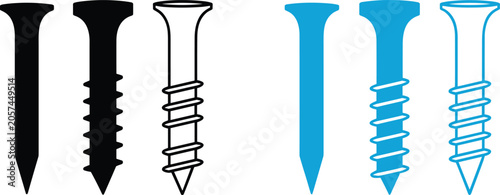 Black And Blue Screws And Nails With Spiral Threads And Pointed Tips illustration