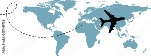 Billede på lærred Airplane flying over world map with dotted flight path, global air travel concep
