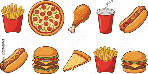 Bild auf Leinwand Fast food vector icon set with pizza burgers hot dogs french fries fried chicken