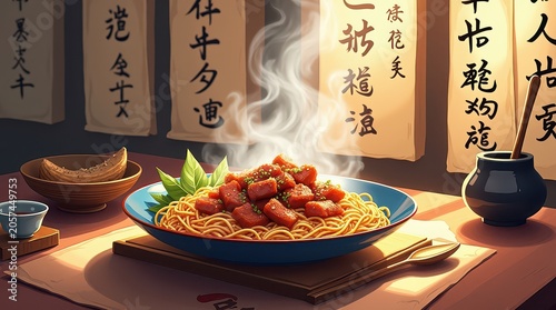 A vivid illustration of a hot plate with a side dish from Japan