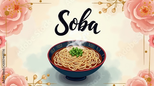 A bright handmade poster of Soba from Japan