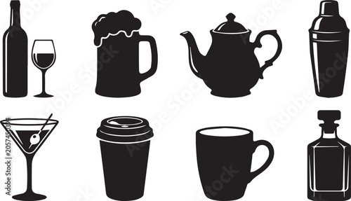 Schilderij op canvas Set of beverage and drink black silhouette icons featuring wine beer coffee tea