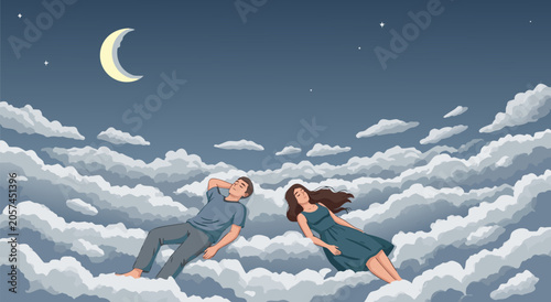 Φωτογραφία Dreamy Couple Floating on Clouds in Night Sky Vector Illustration for Romantic C