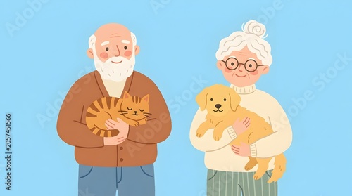 Elderly Couple Holding Cute Cat and Puppy Dog Cartoon Illustration