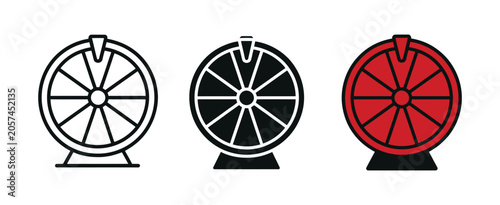 Lucky wheel prize draw icon set, interactive gaming spinner symbols for random selection, giveaway, contest and reward game vector illustration.