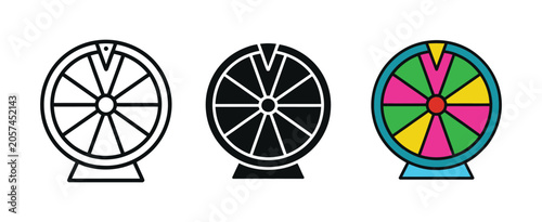 Lucky wheel prize draw icon set, interactive gaming spinner symbols for random selection, giveaway, contest and reward game vector illustration.