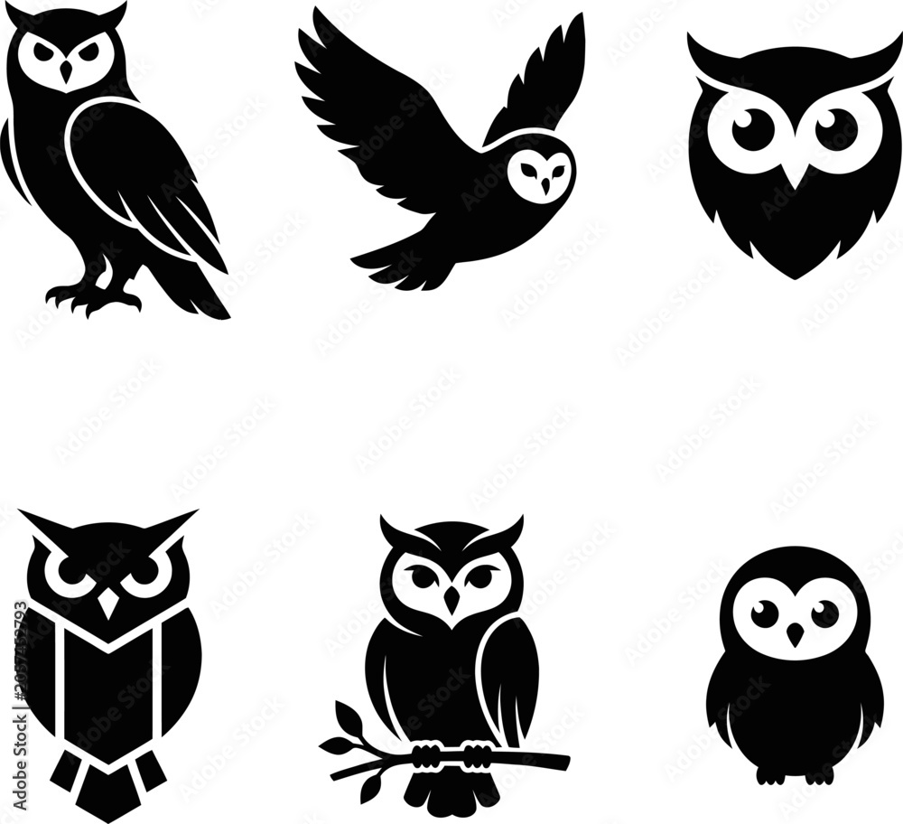 Fototapeta premium Collection of six owl silhouettes in various poses on white background