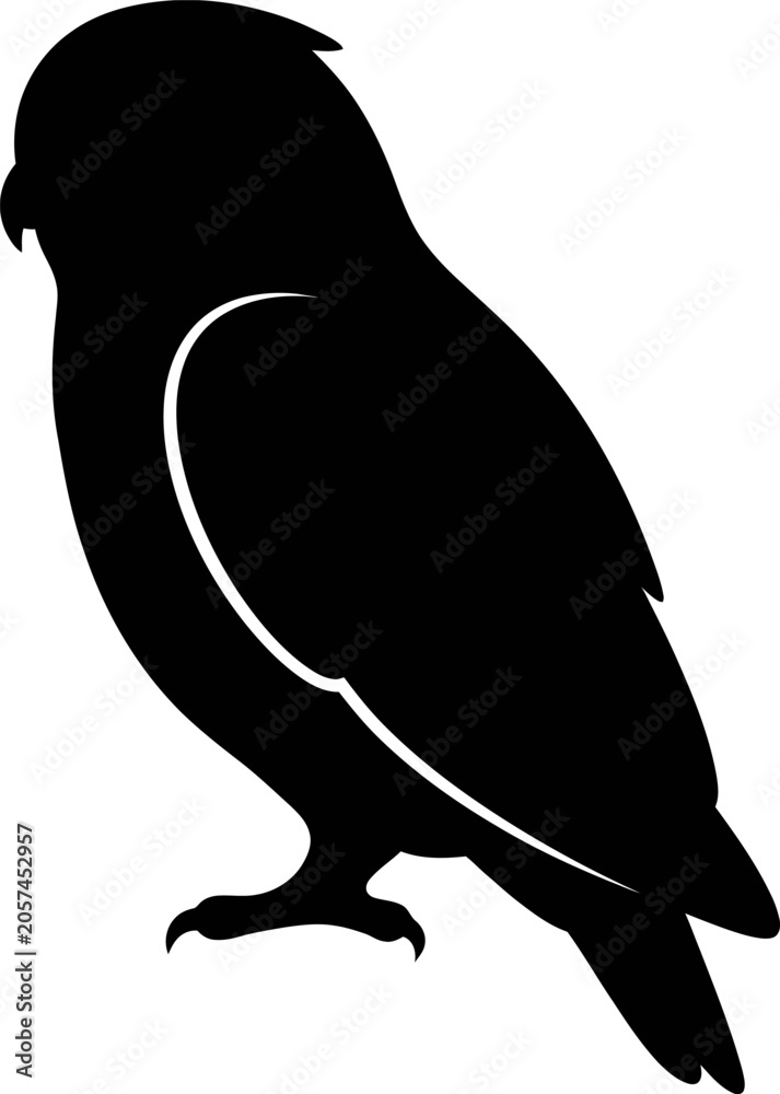 Fototapeta premium A black silhouette of an owl perches quietly on a branch indoors.