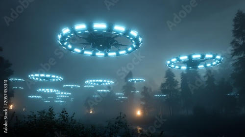 Mysterious illuminated UFOs hover silently over a foggy forest landscape at twilight, captivating onlookers.