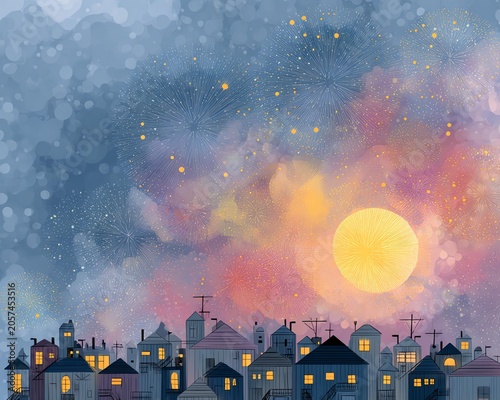 A vibrant cityscape at dusk featuring colorful houses and a luminous moon illuminating the night sky.