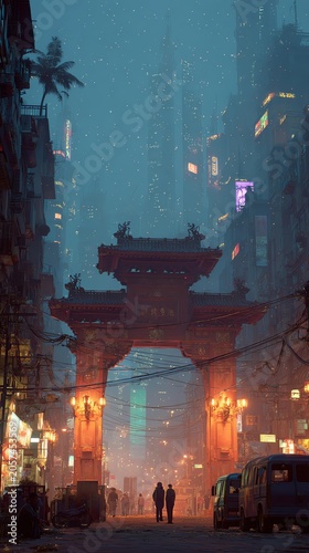A serene night scene of a grand archway, illuminated in a vibrant cityscape, inviting exploration and discovery.